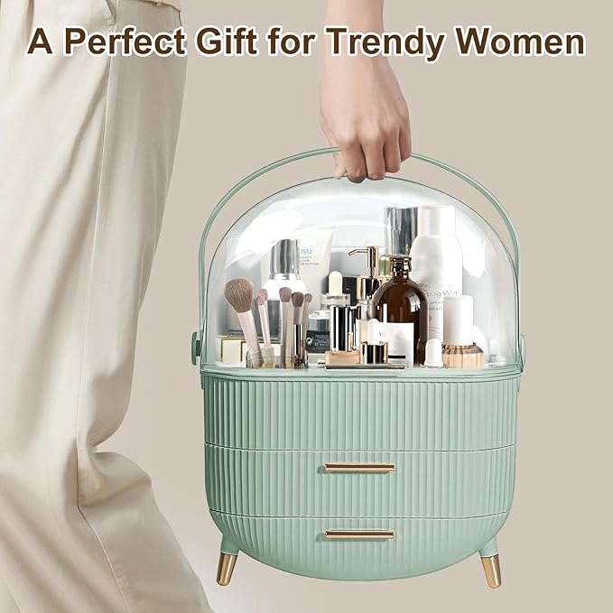 Makeup Organizer for Vanity, Large Capacity Skincare Cosmetic Organizer Countertop with 2 Drawers, Cosmetic Display Cases Makeup Storage Box for Bedroom, Bathroom, Ideal Gifts for Women(Green)
