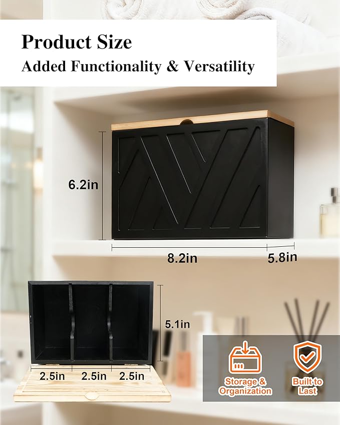 Tampon Holder for Bathroom Decor Feminine Product Organizer With Lid Shark Week Box Wooden Pad Girl Stuff Box (BLACK, lid) (1, BLACK)