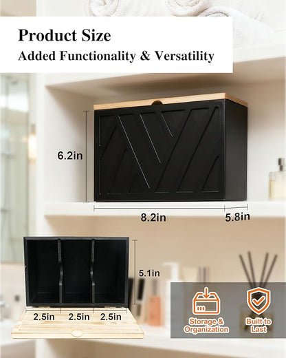 Tampon Holder for Bathroom Decor Feminine Product Organizer With Lid Shark Week Box Wooden Pad Girl Stuff Box (BLACK, lid) (1, BLACK)