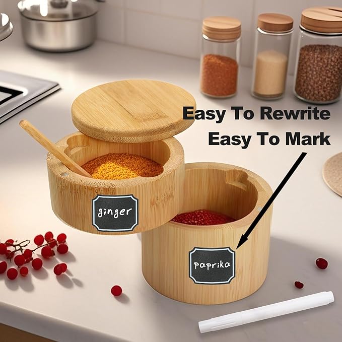 Salt Cellar - Salt Container Holder with Swivel Magnetic, 2 Tier Bamboo Kitchen Salt Cellar with Lid and Spoon Holder, Wood Bowl Box, Salt and Pepper Bowls with Swivel Lid to Storage, 10OZ