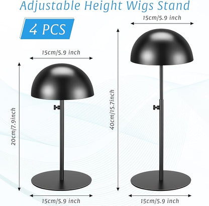 Sintuff 4 Pcs Hat Display Stand:adjustable 7.9-15.7inch Wigs Head Holder Stand Non Slip Stainless Steel Metal Rack for Multiple Hats Wig Storage Styling Practice(Black,Round Base)