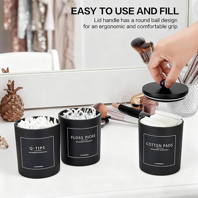 3 Pack Qtip Holder Bathroom Set,Cotton Ball Swab Pad Holder Cotton Round Floss Pick Dispenser with Tray,Glass Apothecary Jars with Lids,Bathroom Organizers and Storage Canisters-Black