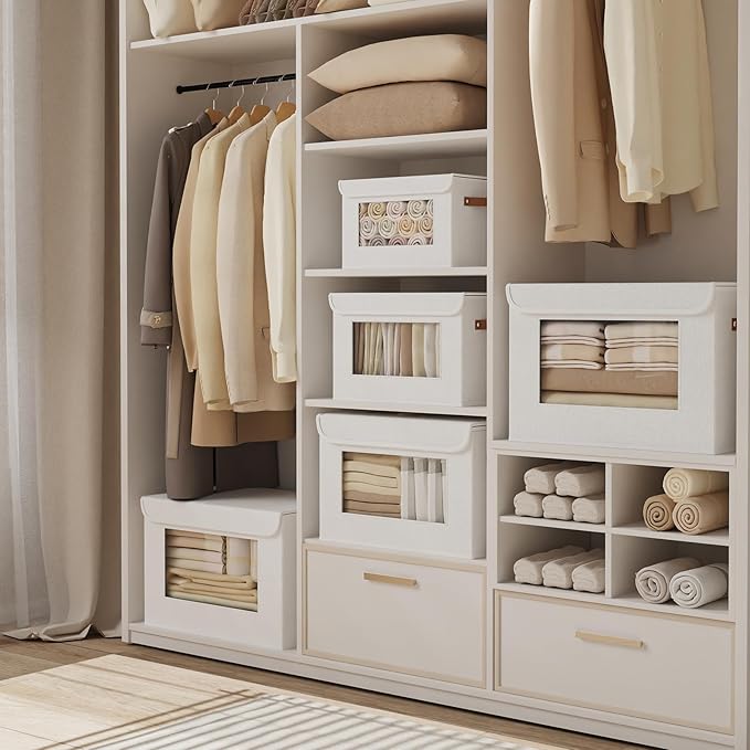 Fabric Storage Boxes with Lids, 10.2 x 7.8 x 6.7 Inch Closet Organizers for Shelves, Foldable Storage Bins with Handles, White, 5-Pack