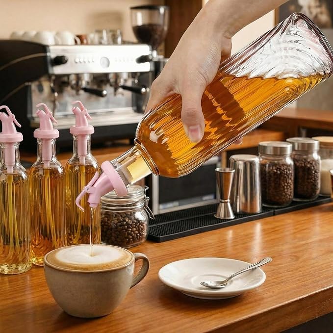 Vesici 4 Set 17oz Pink Syrup Dispenser, Glass Syrup Bottles for Coffee Bar, Pink Leak-Proof Coffee Accessories