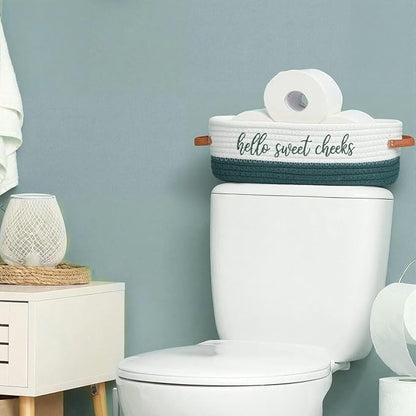 Hello Sweet Cheeks Bathroom Decoration Green and White Cotton Rope Toilet Basket Toilet Paper Holder Basket Rustic Bathroom Organizer Farmhouse Home Decoration Organizing Small Baskets