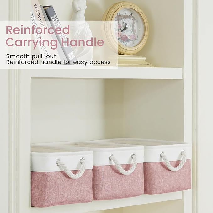 Storage Baskets for Shelves 13.8x9.8x6.7 Inch, Foldable Fabric Storage Bins with Handles, Small Storage Baskets for Organizing Closet, Office, Home Organization (1-Pack, White&Pink)
