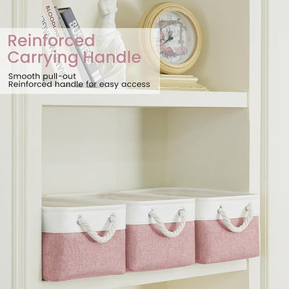 Storage Baskets for Shelves 13.8x9.8x6.7 Inch, Foldable Fabric Storage Bins with Handles, Small Storage Baskets for Organizing Closet, Office, Home Organization (1-Pack, White&Pink)