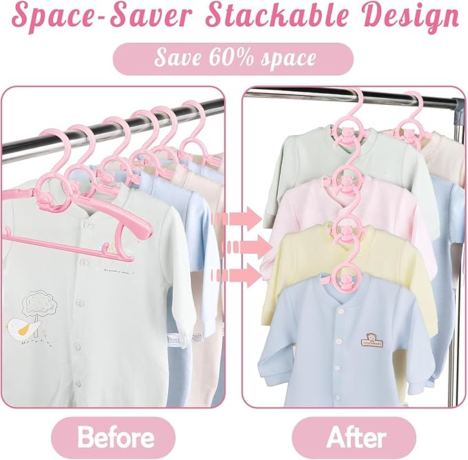 HGYZE Kids Hangers 11"-14" Adjustable Plastic Baby Girl Hangers 20 Pack, Toddler Bear Hanger for Children's Clothes Sweaters, Infant Hangar for Closet with Non-Slip Shoulder Grooves & Pants Bar, Pink