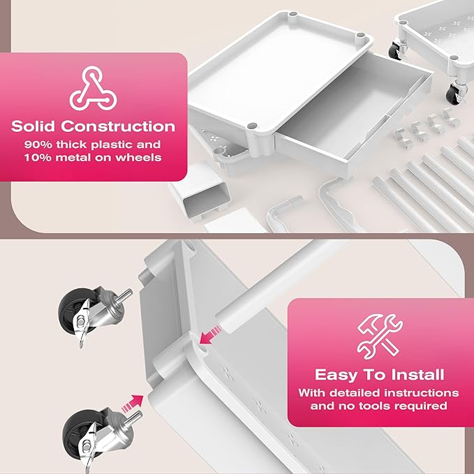 Goovilla Rolling Makeup Organizer Cart with Removable Drawer, 3 Tier Stable White Floor Skincare Storage Cart for Vanity, Cosmetic Display, Nail Polish, Perfume, Hair Stuff, Beauty, Bathroom(Plastic)