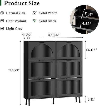 Xixini Shoe Storage Cabinet with 6 Flip Drawers, 50" Tall Narrow Wood Fluted Shoe Organizer for Entryway, Freestanding Wooden Hidden Slim Shoe Rack for Front Door Entrance, Hallway, Foyer, Solid Black