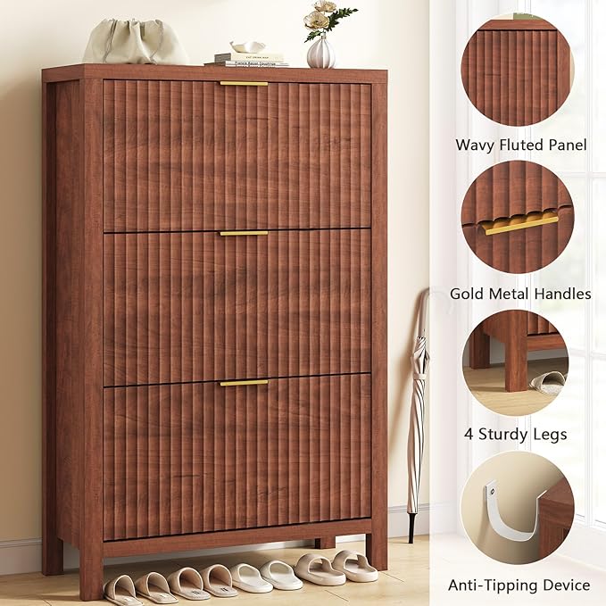 YOMILUVE Shoe Cabinet Storage for Entryway, Fluted Shoe Cabinet with 3 Flip Drawers, Hidden Shoe Rack Tall Freestanding Shoe Organizer with Legs for Hallway, Walnut