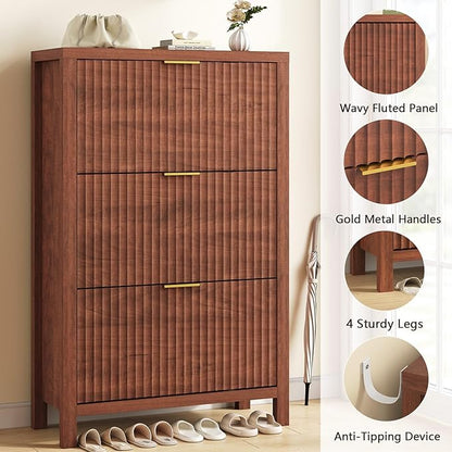 YOMILUVE Shoe Cabinet Storage for Entryway, Fluted Shoe Cabinet with 3 Flip Drawers, Hidden Shoe Rack Tall Freestanding Shoe Organizer with Legs for Hallway, Walnut