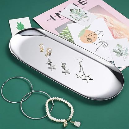2 Pack Silver Oval Vanity Tray, Stainless Steel Jewelry Tray, Bathroom Tray, Makeup Cosmetic Trays,Towel Napkin Tray,Storage Organizer,11.8 x 4.8 inches (LxW),Large