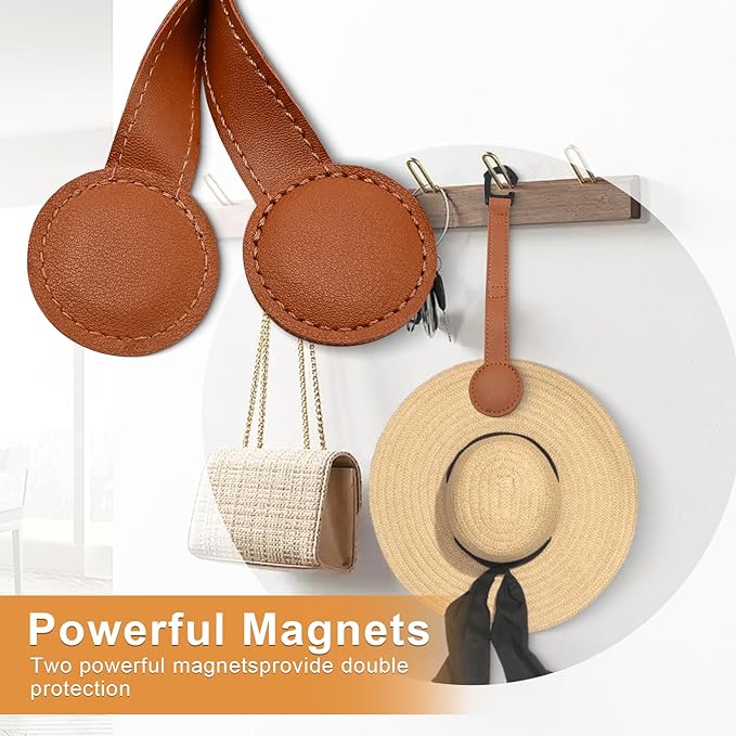 2-Pack Magnetic Cowboy Hat Clip, Leather Car Hat Holder with Strong Magnets, Universal Truck & SUV Accessories, Easy Install, Space-Saving Headrest Hook for Baseball & Cowboy Hats (Brown)