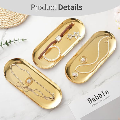 3 Pack Gold Trays for Decor, Stainless Steel Decorative Tray, Small Vanity Tray for Bathroom, Elegant Jewelry Tray for Holding Perfume, Keys, Wallet, Business Cards, Candle, Oval