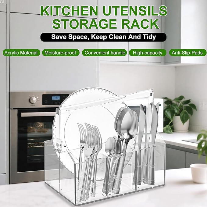 Chivalral Acrylic Utensil Holder & Paper Plate Holders -Clear Space-Saving Cutlery Caddy and Silverware Organizer for Kitchen, Table, Buffet, Party, Picnic, Camping Indoor Outdoor Use