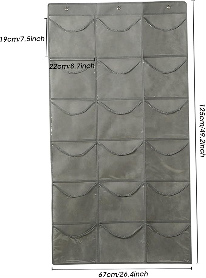Hanging Shoe Organizer for Closet, Over Door Storage with 18 Clear PVC Pockets Large Baseball Caps Bag, Gray