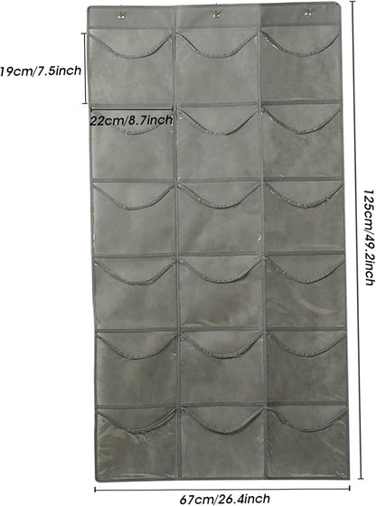 Hanging Shoe Organizer for Closet, Over Door Storage with 18 Clear PVC Pockets Large Baseball Caps Bag, Gray