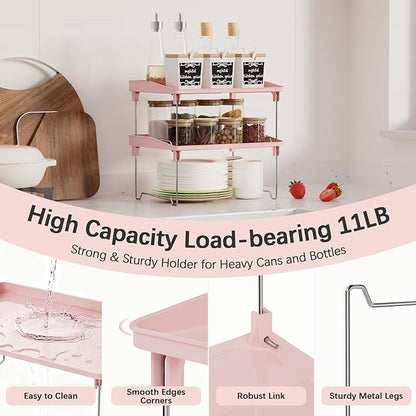 STARLATTA 2 Pcs Cabinet Organizer Shelf，Stackable Kitchen Counter Shelves, Spice Rack,Countertop Organizers，Pink Plastic Storage Shelves Rack for Makeup，Bathroom, Cupboard，Desk，Pantry Organization