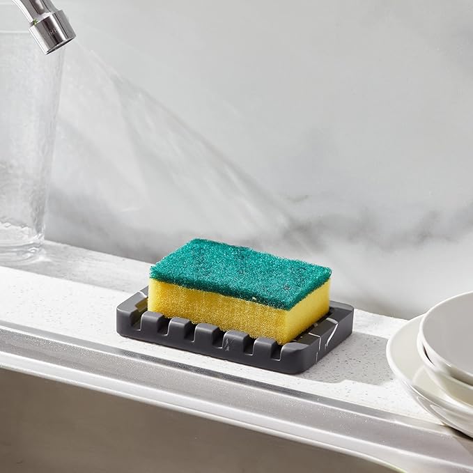 INIUNIK 2PCS Self Draining Soap Dish - Marble Look Soap Holder Tray Savers Box Container Sponge Holder for Bathroom Shower Kitchen, Black