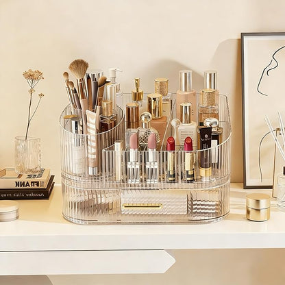 Makeup Organizer with 360° Rotating Brush Holder and Stackable Drawers, Cosmetic Display Case for Vanity, Bathroom Countertop (Clear, 2 Layer)