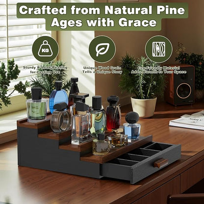 Perfume Cologne Organizer for Men: 4 Tier Wooden Perfumes Stand, Desktop Parfum Holder Wood Display Shelf with Cabinet, Bedroom Dresser Makeup Lotion Jewelry Storage Rack with Drawer