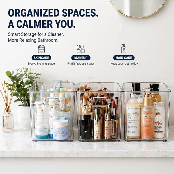 MOONEDGE Open Clear Plastic Storage Bins Stackable Organizer Containers with Handles for Kitchen, Pantry, Fridge, Cabinet, Closet Storage & Home Organization 6 Pack（11 x 8 x 6 in）