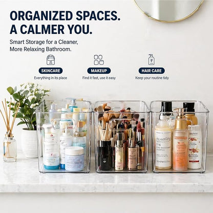 MOONEDGE Open Clear Plastic Storage Bins Stackable Organizer Containers with Handles for Kitchen, Pantry, Fridge, Cabinet, Closet Storage & Home Organization 6 Pack（11 x 8 x 6 in）