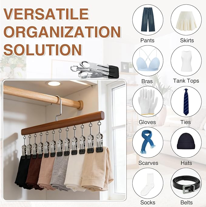 Closet Organizer with 12 Clips, Space Saving Hangers for Clothes, Hanging Closet Organizers and Storage, Wooden Socks Hats Pants Hangers with Clips, for Small Room Organization (2 Pack)