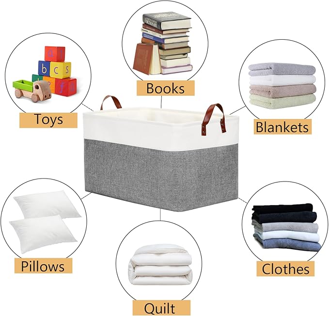 DULLEMELO Extra Large Storage Basket for Organizing, 70L Oversized Storage Bin Foldable Canvas Fabric Blanket Basket, 22" x 15" x 13" Large Kids Toy Basket Organizer with Handles (White&Grey)