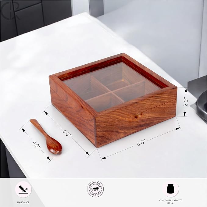Wooden Spice Box, Masala Container, Condiments Storage Case for Kitchen, Multipurpose Decorative Box - Indian Rosewood Crafted