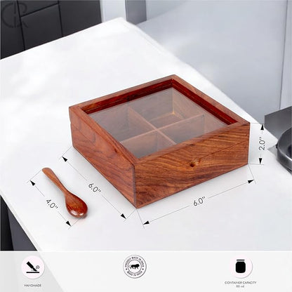 Wooden Spice Box, Masala Container, Condiments Storage Case for Kitchen, Multipurpose Decorative Box - Indian Rosewood Crafted