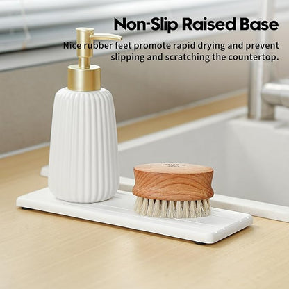 3 Pack Stone Drying Tray, Water Absorbing Stone Sink Mat for Kitchen & Bathroom Counter, Diatomite Soap Dish Vanity Caddy, Sponge Holder Organizer, White - 2pcs of 4.5"x 3.5" and 1pc of 9"x 3.5"