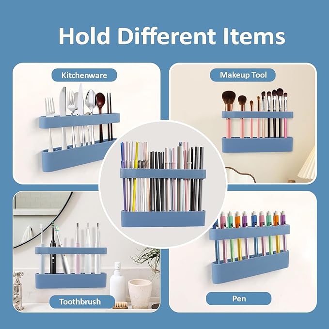 Strong Adhesive Backing Straw Storage Box, Split Type Silicone Straws Dispenser Adjustable Height Straw Holder for Cabinet (Blue)