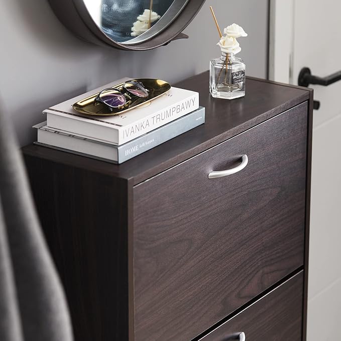 Haotian Narrow Shoe Cabinet for Entryway, Slim Freestanding Shoe Rack with 2 Flip-Drawers, Hidden Storage Shoe Organiazer Entrance Hallyway Mudroom, Brown, FSR110-K-BR (9.4" D x 23.6" W x 31.5" H)