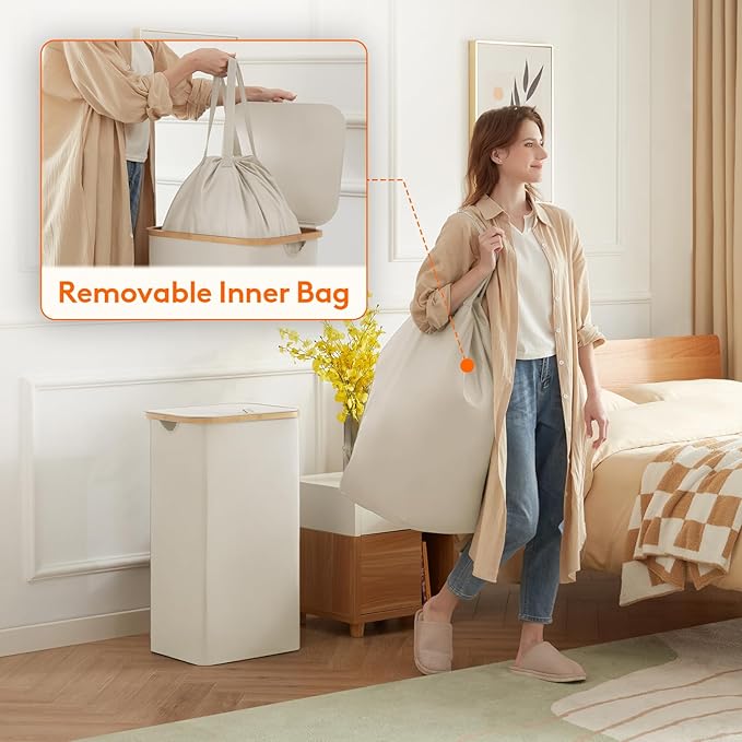 Lifewit 100L Laundry Basket with Lid, Clothes Hampers for Laundry with Bamboo Handles and 1 Removable Bag, Large Foldable Laundry Hamper for Bedroom, Bathroom, Dorm, Laundry Room, White