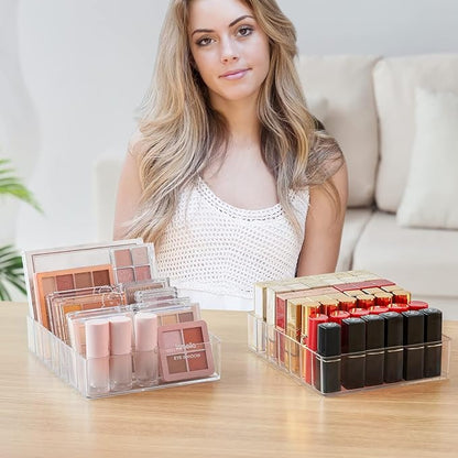 WECHENG Clear Acrylic Makeup Organizer for Eyeshadow Palette and Lipstick Organizer, 7 Slots Divided Makeup Palette Organizer for Vanity Countertop Drawer Cosmetics Storage(Closed-Sided Design)