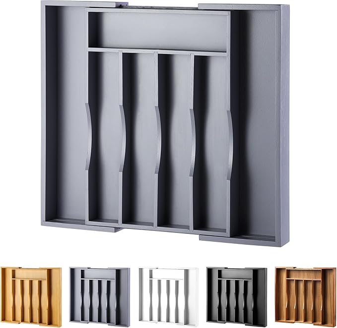 Expandable Bamboo Kitchen Drawer Organizer for Cutlery and Utensils, Adjustable Bamboo Wood Cutlery Tray in Drawer for Flatware and Silverware in Kitchen, (Grey)
