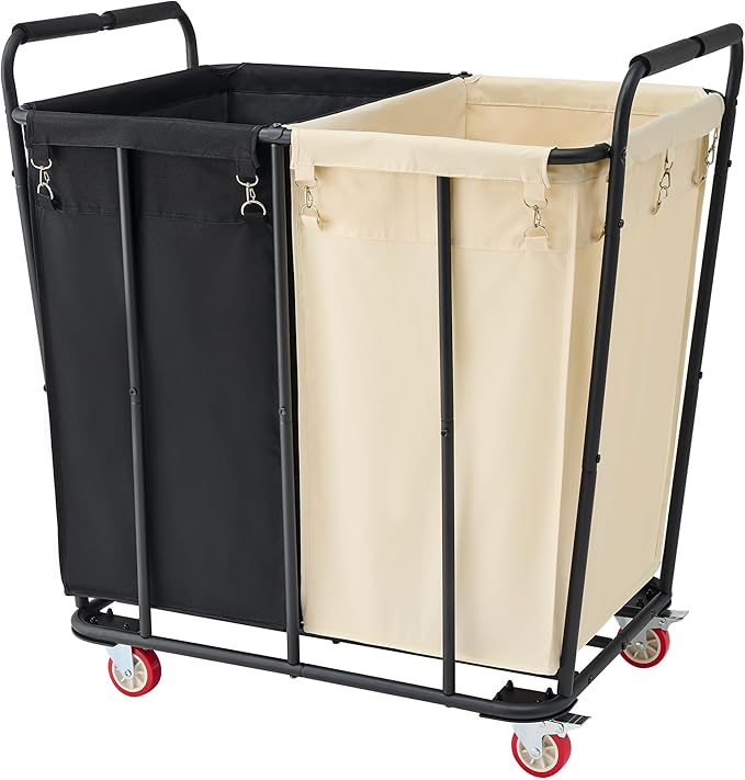Hoctieon 2 Section Laundry Sorter Cart, 400L Rolling Hamper with Wheels, Industrial Laundry Basket Organizer, Extra Large Dirty Clothes Hamper for Home & Hotel, Heavy Duty, Black+Beige