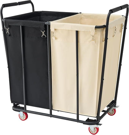 Hoctieon 2 Section Laundry Sorter Cart, 400L Rolling Hamper with Wheels, Industrial Laundry Basket Organizer, Extra Large Dirty Clothes Hamper for Home & Hotel, Heavy Duty, Black+Beige