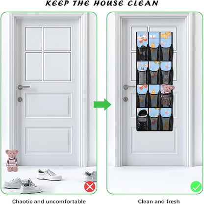 Butterfly Blue Over The Door/Wall Shoe Organizer,Nursery Organization,12 Compartment Breathable Mesh Pocket Over the Door Hanging Shoe Bag,Closet Shoe Hanging Bag,Breathable