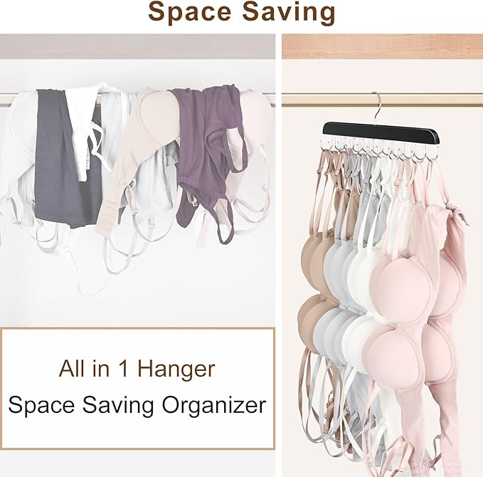 2 Pack Bra Hanger, Capacity Foldable Tank Top Hanger with 40 Hooks, Bra Hangers for Closet Organizer, Premium Wooden Space Saving Hangers Closet Organizers and Storage for Dorm & Apartment