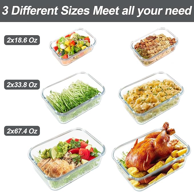M MCIRCO 67.4oz(8.3 cup), 33.8oz(4.2 cup)& 18.6oz(2.1 cup) Extra Large Glass Food Storage Containers Set with Lids, 6 Pack Airtight Glass Storage Container for Microwave,Oven,Freezer Dishwasher