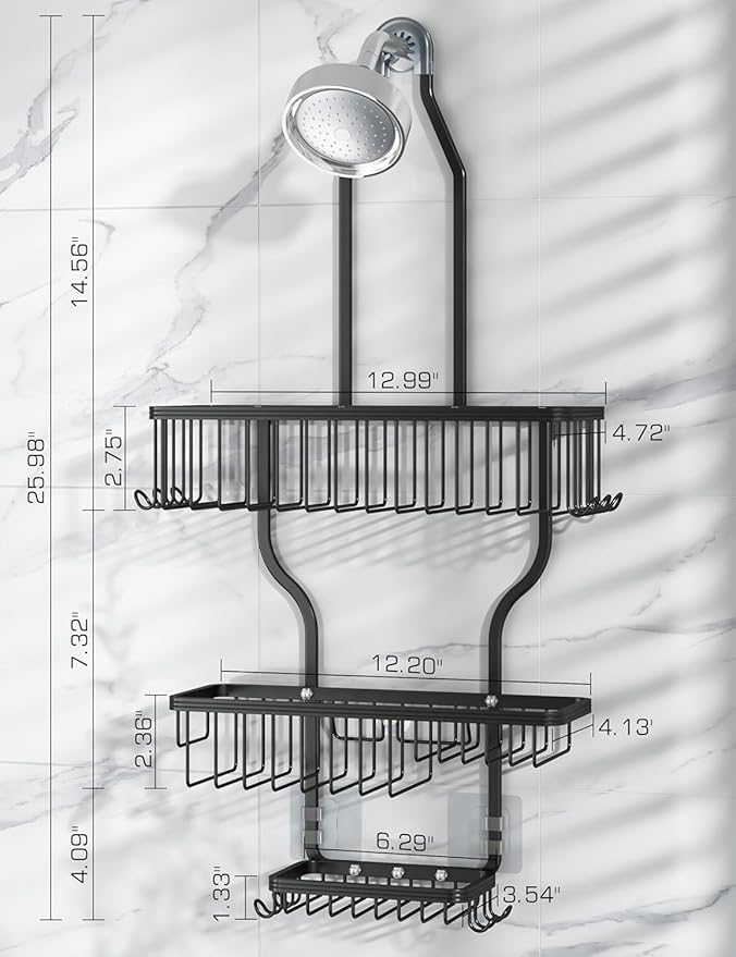 YASONIC Never-Rust Aluminum Hanging Shower Caddy – Over-the-Showerhead Organizer with 10 Hooks for Razor and Sponge – Includes Soap Basket – Black