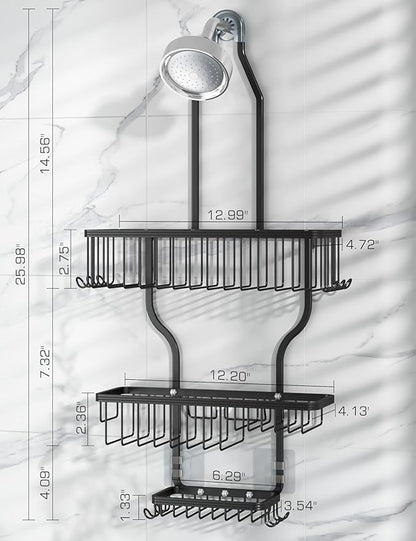 YASONIC Never-Rust Aluminum Hanging Shower Caddy – Over-the-Showerhead Organizer with 10 Hooks for Razor and Sponge – Includes Soap Basket – Black