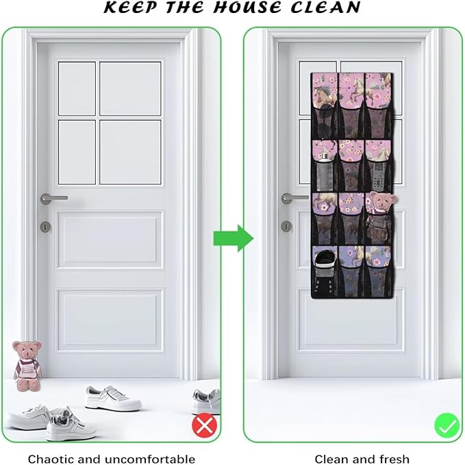 Flower Horse Over Door Organizer, 12 Compartment Breathable Mesh Hanging Shoe Rack, Waterproof Durable Door Hanger for Bedroom Closet & Dorm Room Storage
