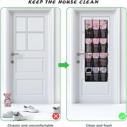 Flower Horse Over Door Organizer, 12 Compartment Breathable Mesh Hanging Shoe Rack, Waterproof Durable Door Hanger for Bedroom Closet & Dorm Room Storage