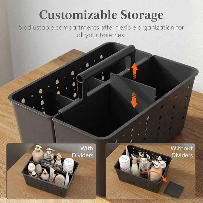 Lifewit Shower Caddy Portable, Cleaning Supplies Caddy Organizer with Handle and Adjustable Dividers, Plastic Shower Basket for Dorm Room Essentials, College, Bathroom, Black, 2 Packs