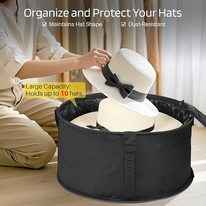 WOMACO Black Large Modern Hat Box for Storage, Stackable Hat Organizer Case for Cowboy Hat, Round Brim Hat Organizer Bag, Dustproof, Waterproof