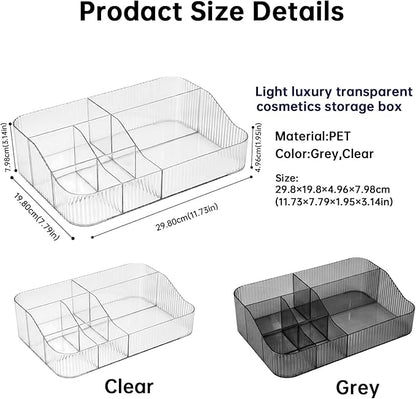 DASITON Large Capacity Makeup Brush Holder, 7 Slot Makeup Brush Cup, Vintage Striped Make Up Brush Holder, Makeup Tray Organizer for Vanity Decor, Bathroom Countertops, Desk Storage Container (Clear)